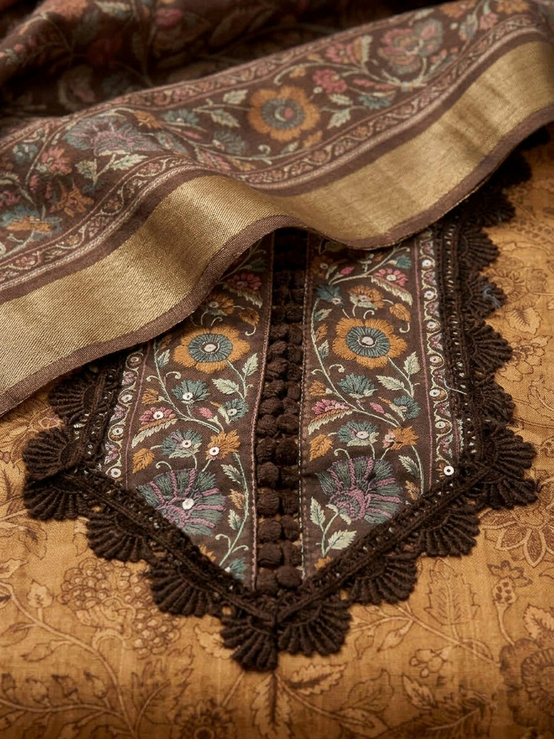 Mustard Chanderi Printed Unstitched Dress Material