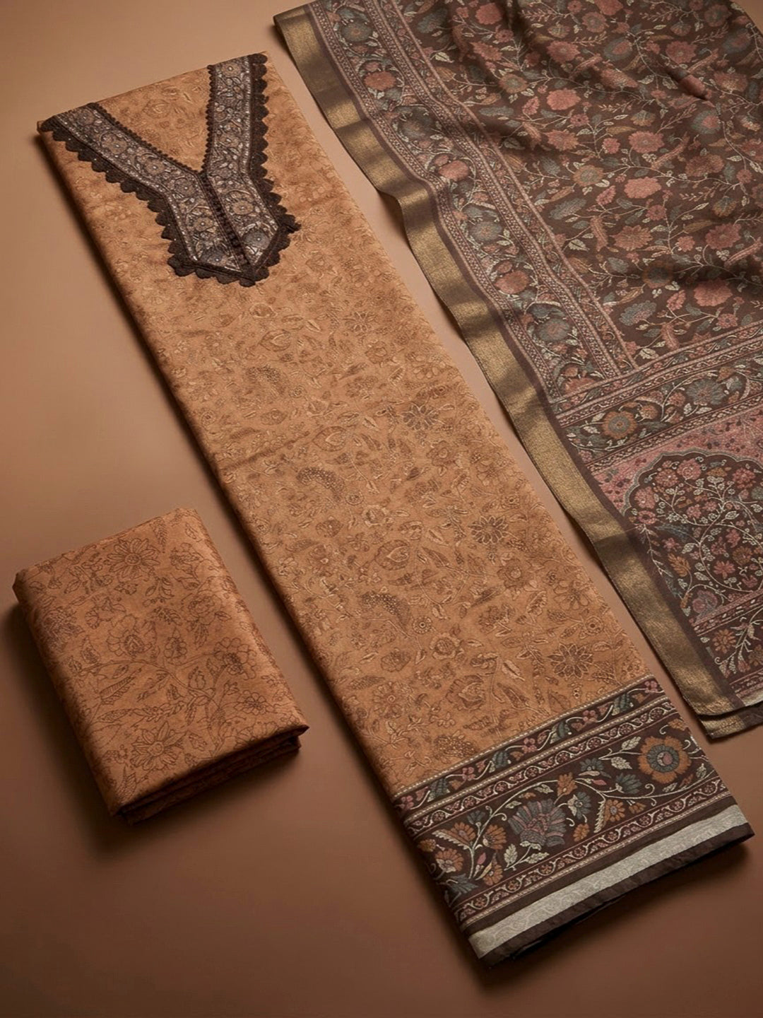 Mustard Chanderi Printed Unstitched Dress Material
