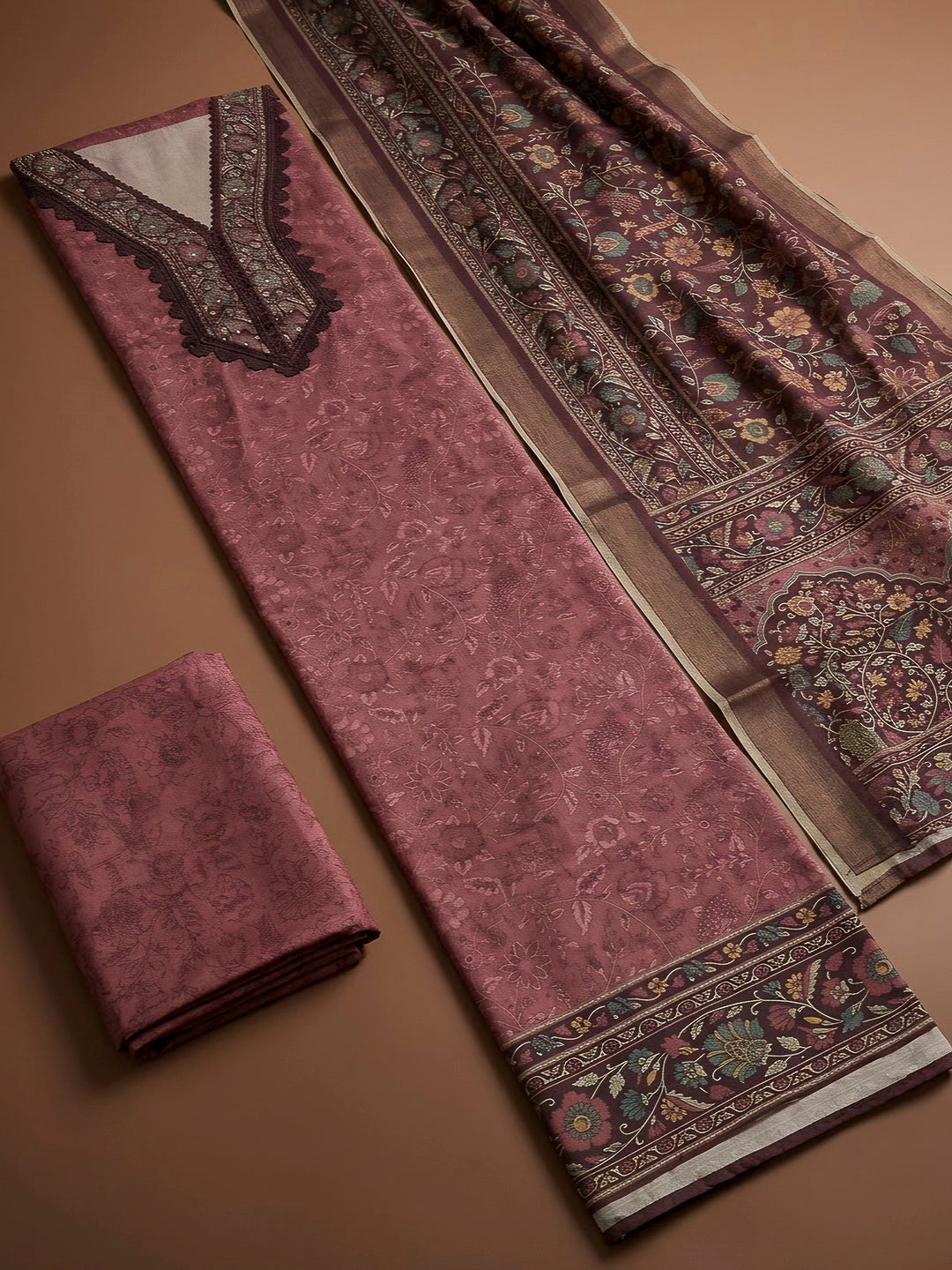 Onion Pink Chanderi Printed Unstitched Dress Material