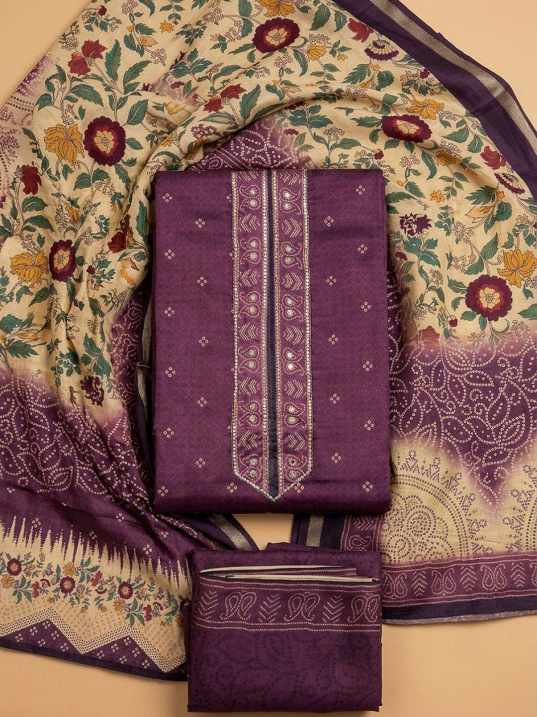 PurpleArt Silk Printed Unstitched Dress Material