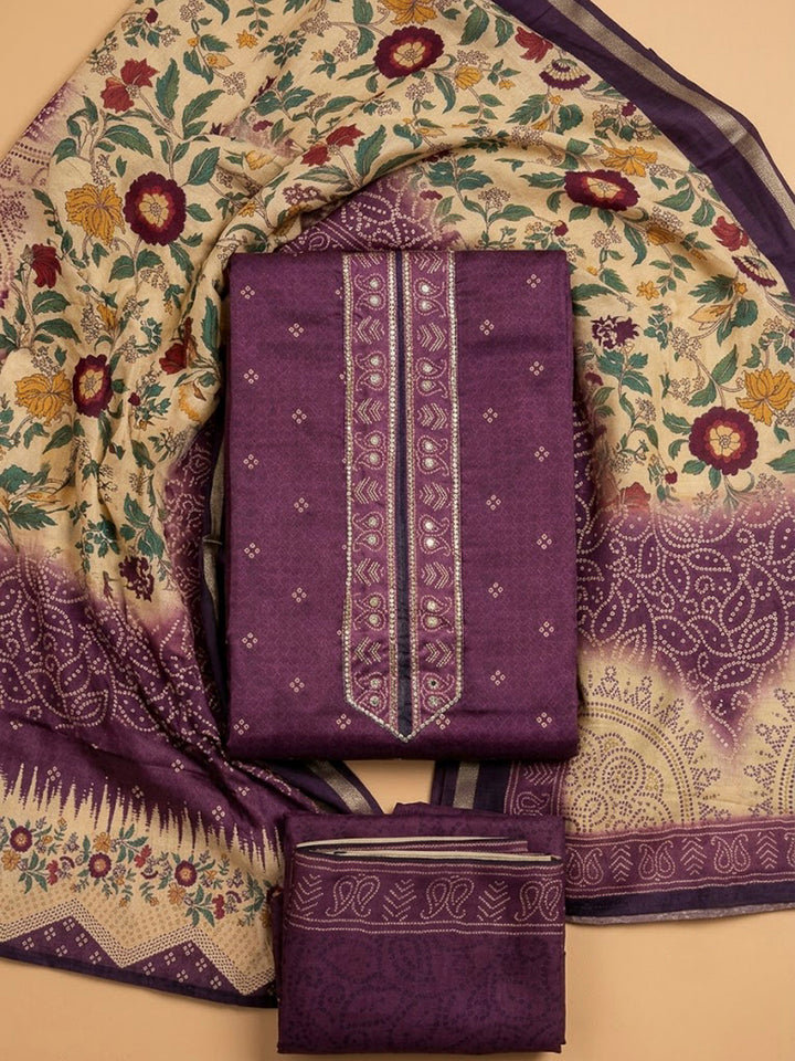PurpleArt Silk Printed Unstitched Dress Material