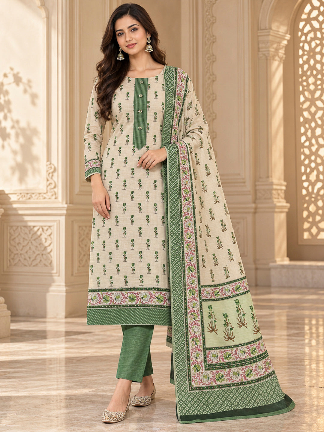 Green Tussar Printed Unstitched Dress Material