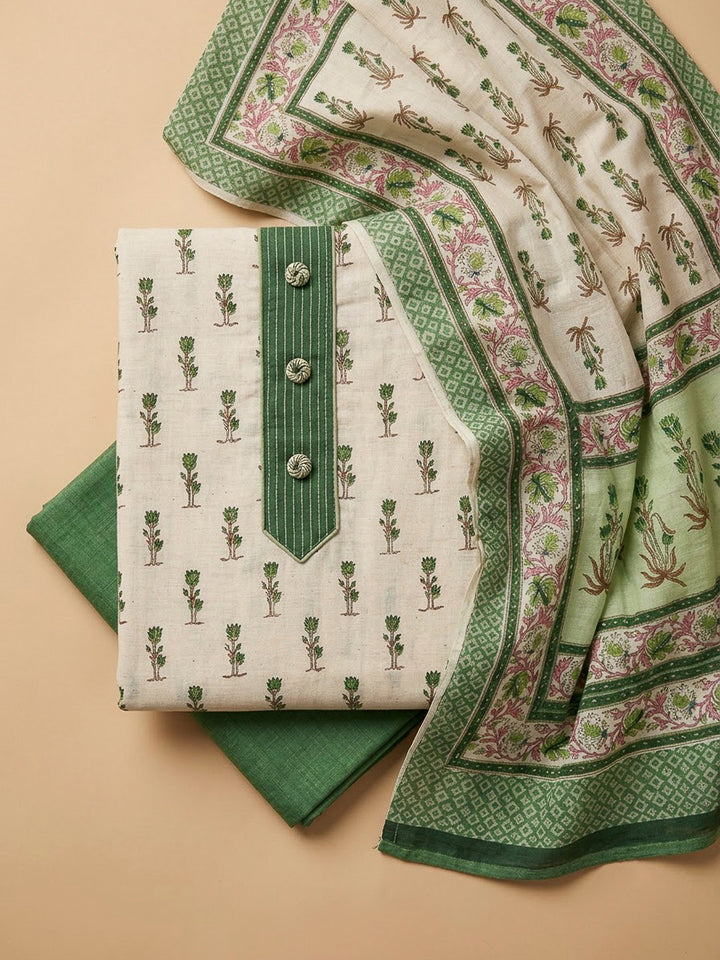 Green Tussar Printed Unstitched Dress Material