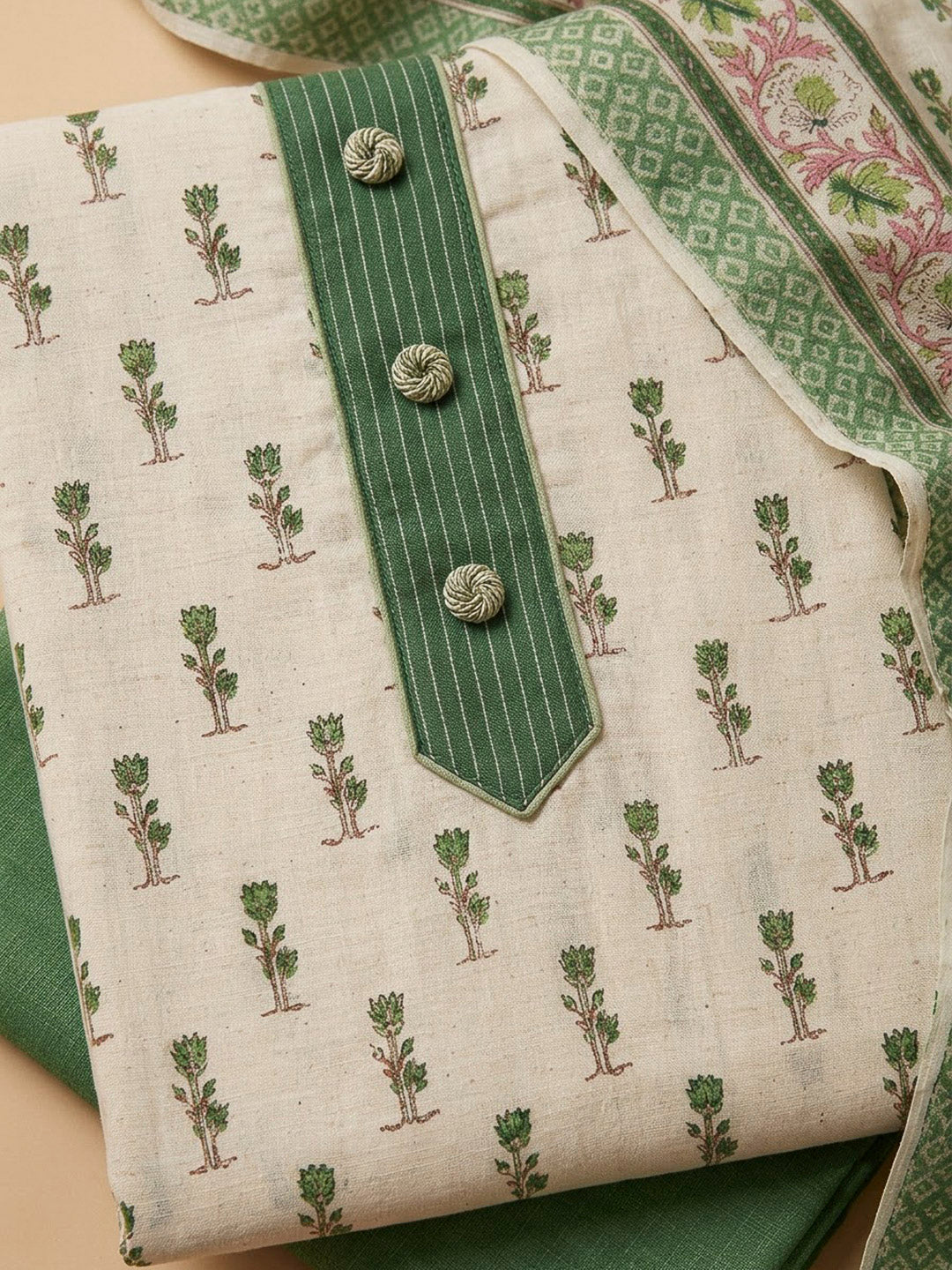 Green Tussar Printed Unstitched Dress Material