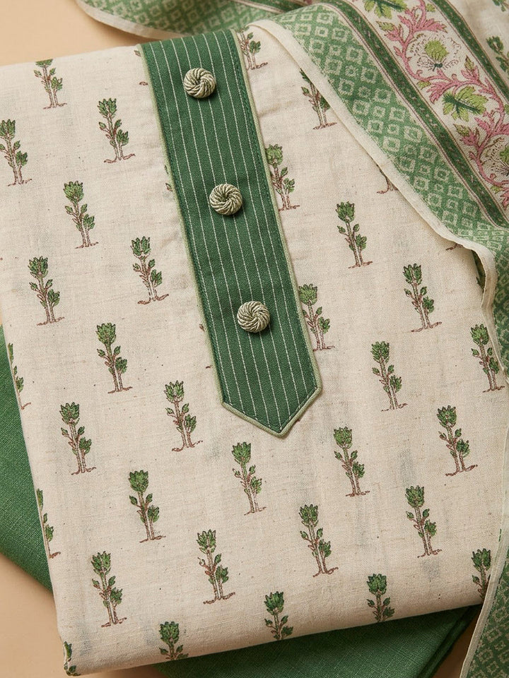 Green Tussar Printed Unstitched Dress Material