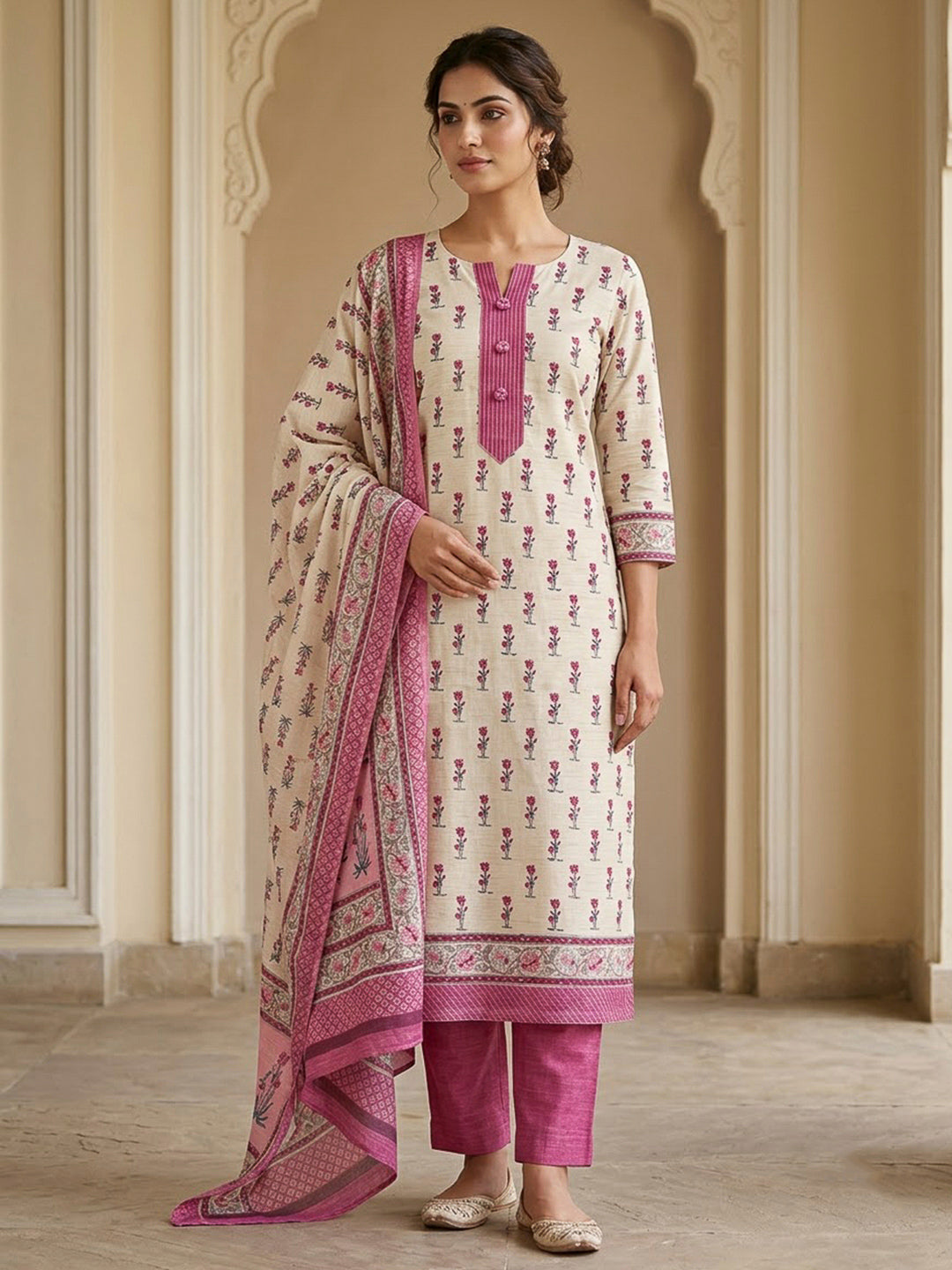 Onion Pink Tussar Printed Unstitched Dress Material
