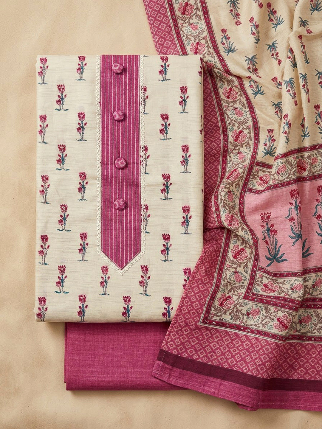 Onion Pink Tussar Printed Unstitched Dress Material
