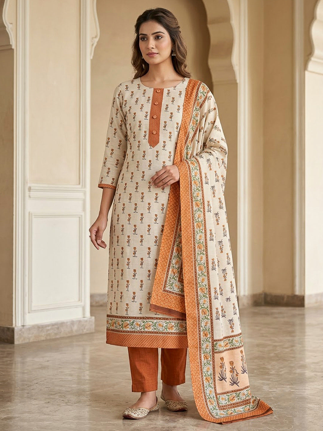 Rust Tussar Printed Unstitched Dress Material