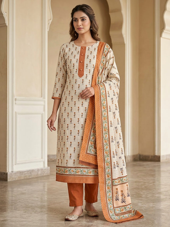 Rust Tussar Printed Unstitched Dress Material