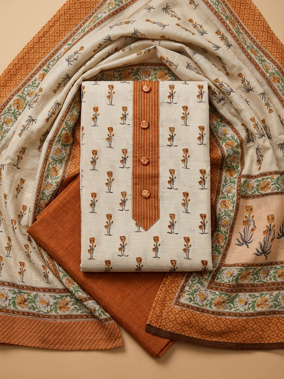 Rust Tussar Printed Unstitched Dress Material