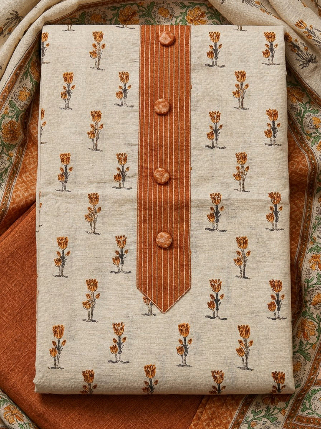 Rust Tussar Printed Unstitched Dress Material