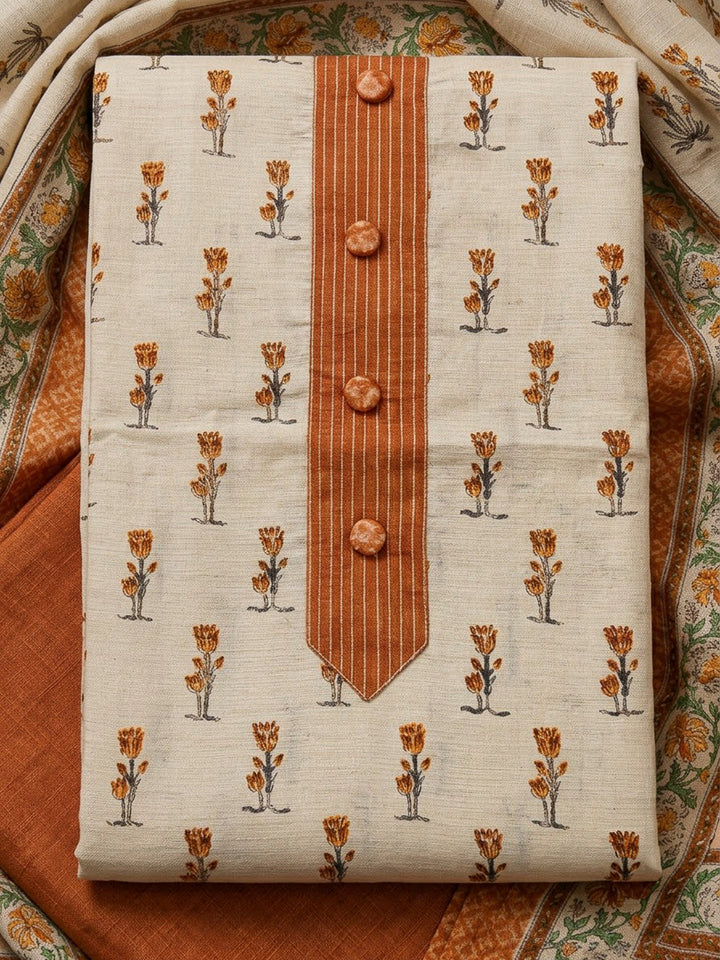 Rust Tussar Printed Unstitched Dress Material