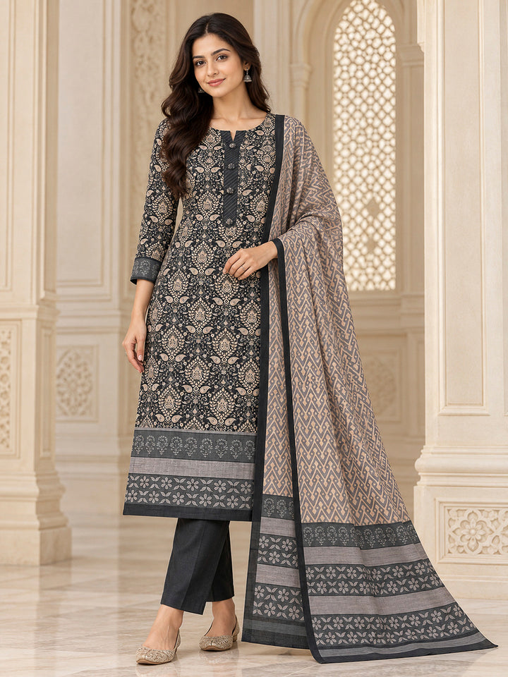 Black Tussar Printed Unstitched Dress Material