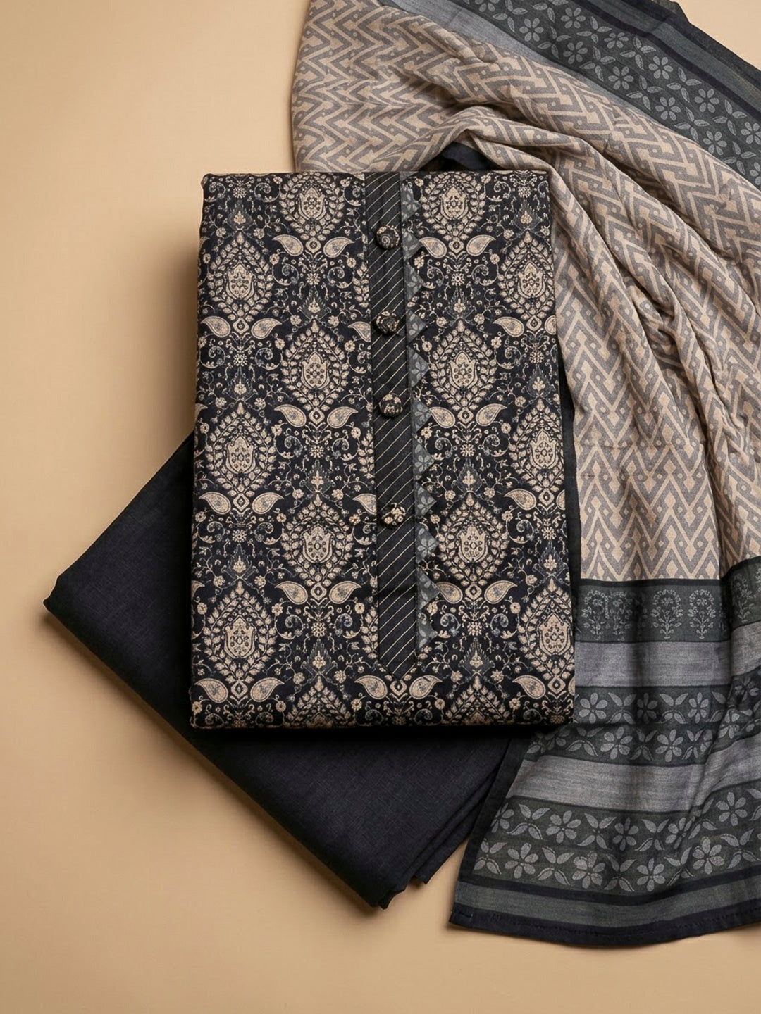 Black Tussar Printed Unstitched Dress Material