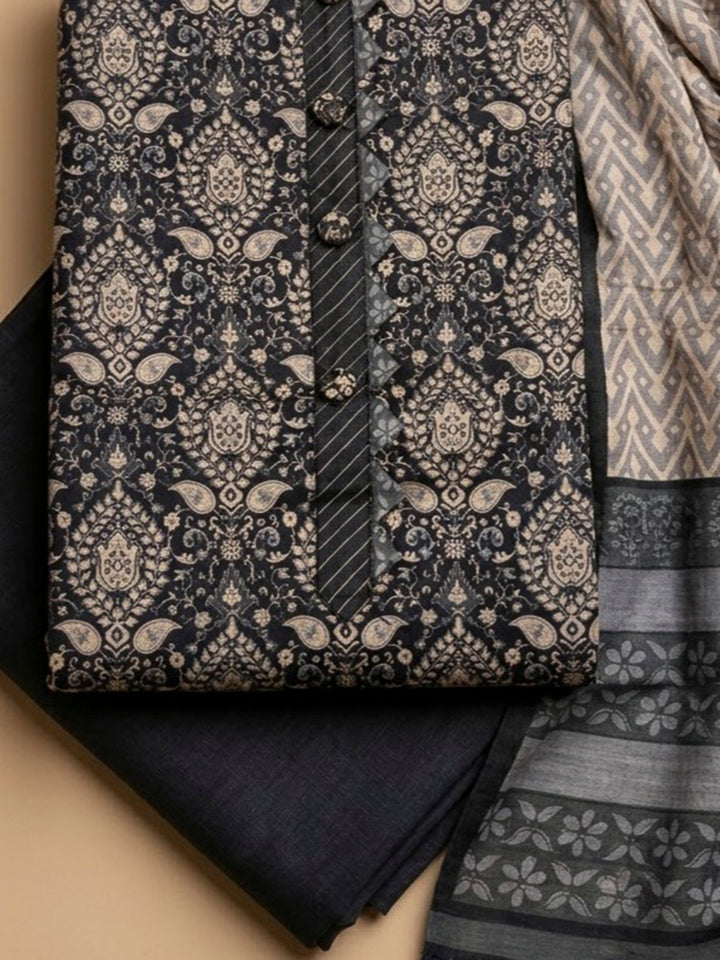 Black Tussar Printed Unstitched Dress Material