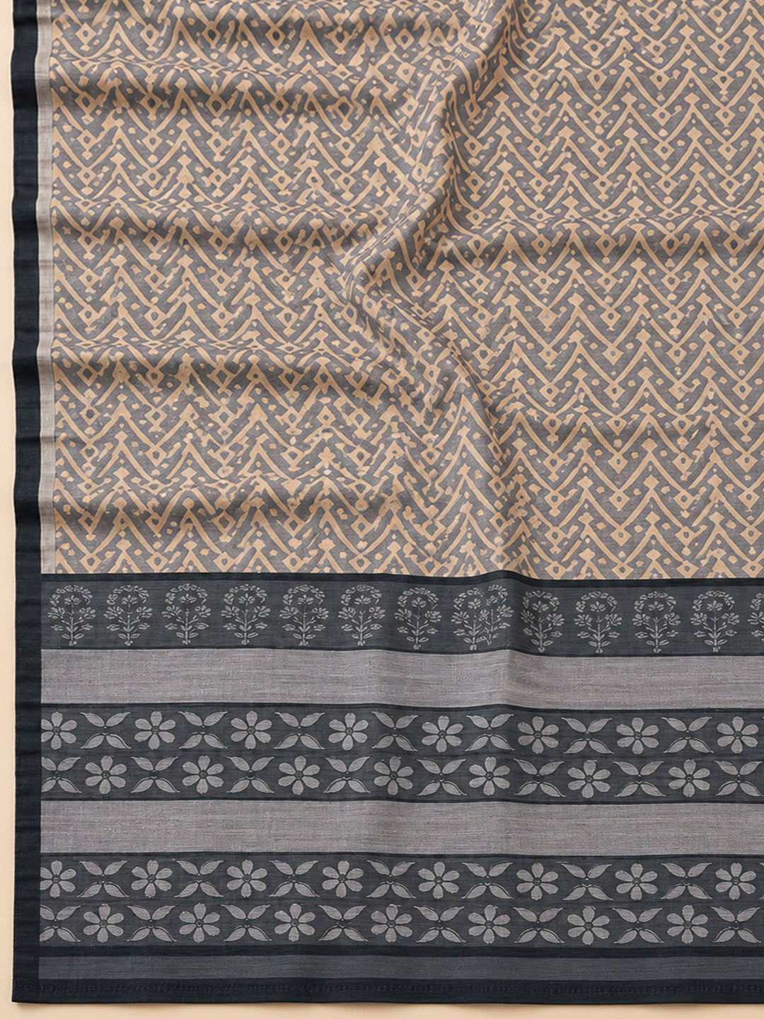 Black Tussar Printed Unstitched Dress Material