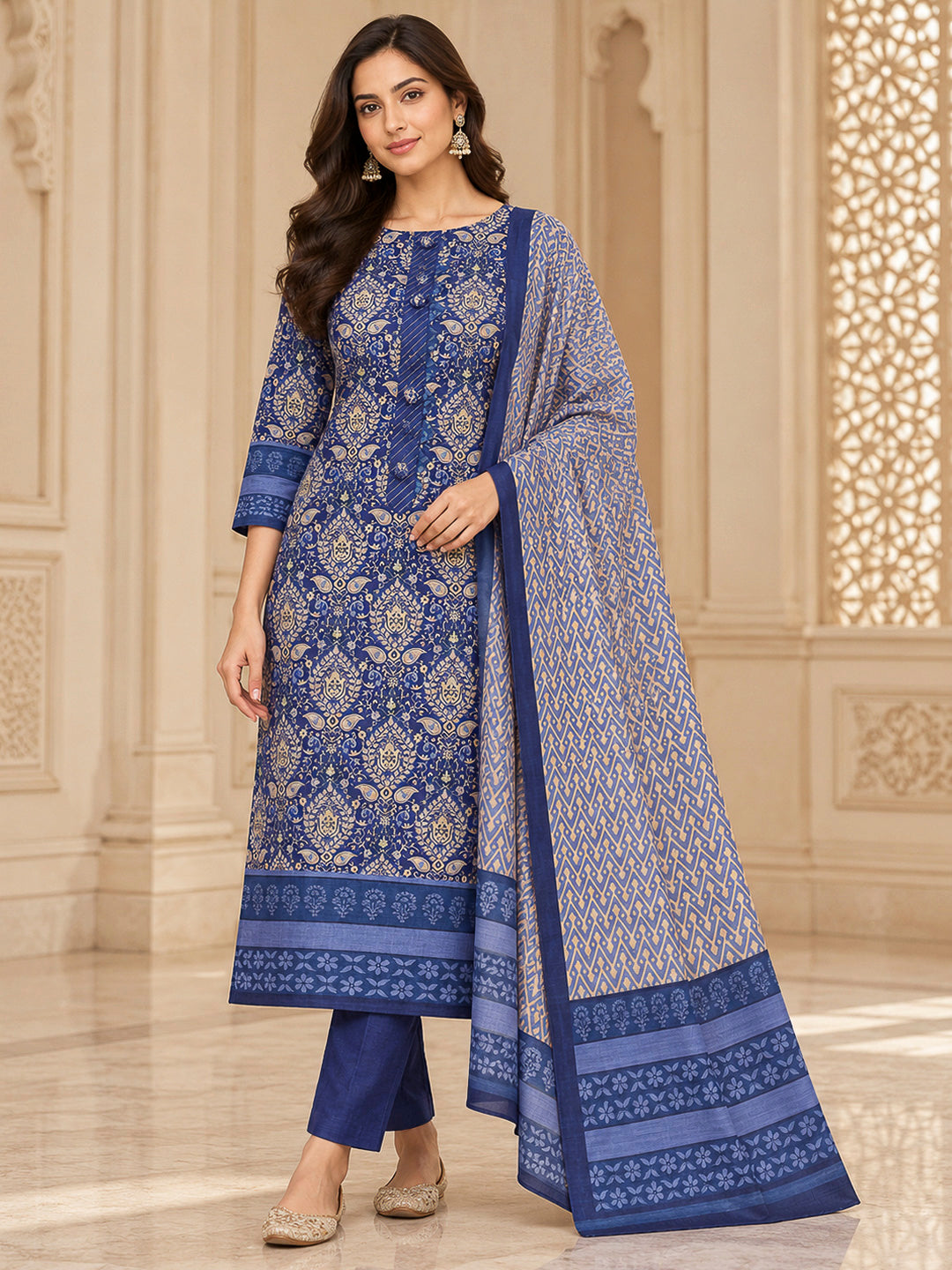 Blue Tussar Printed Unstitched Dress Material