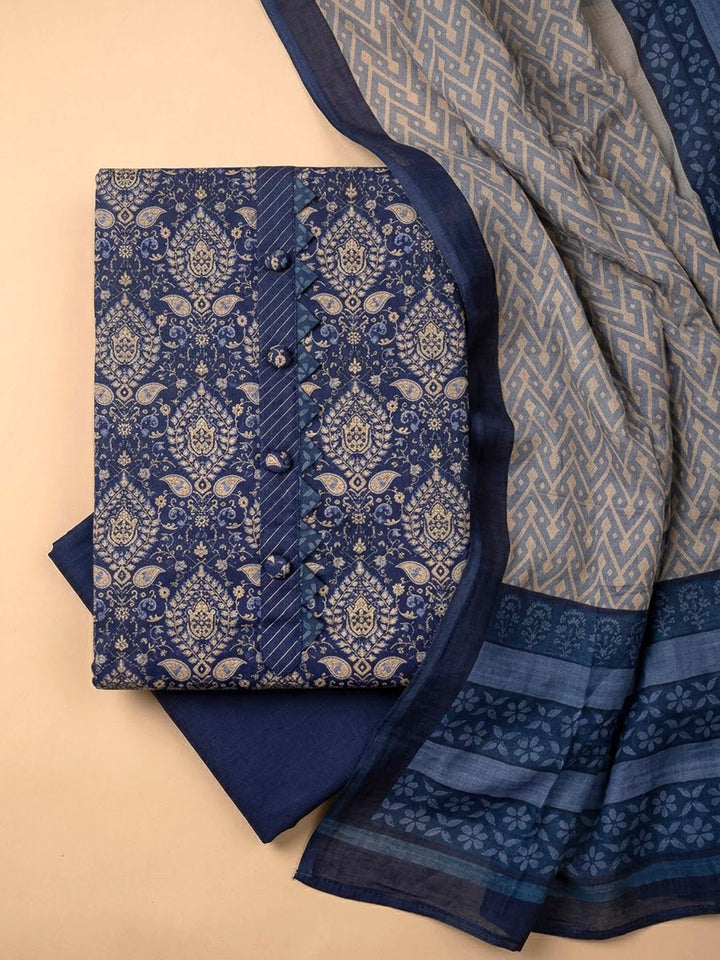Blue Tussar Printed Unstitched Dress Material