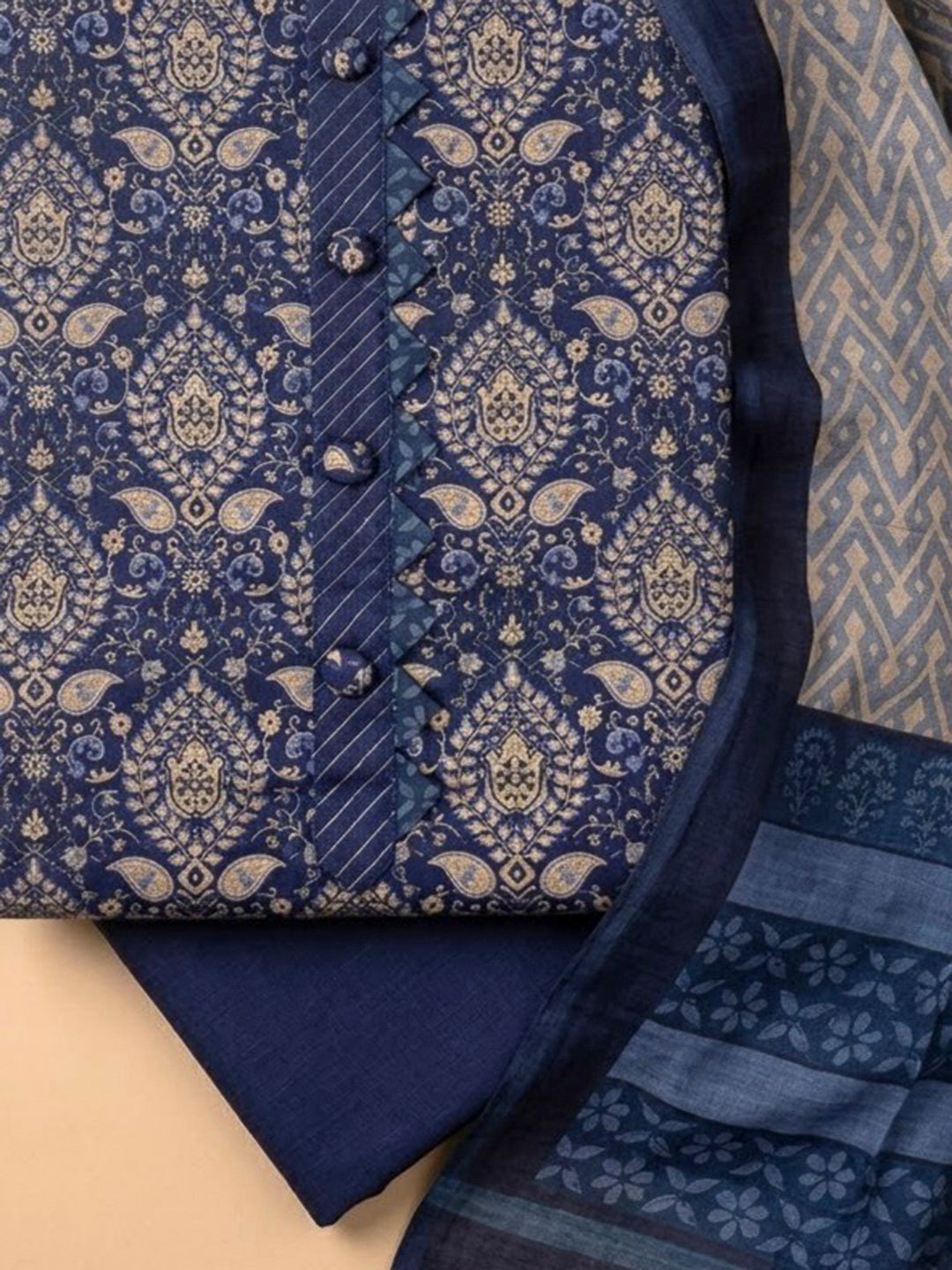 Blue Tussar Printed Unstitched Dress Material