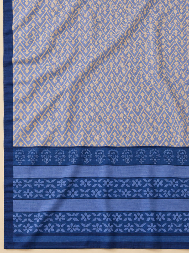 Blue Tussar Printed Unstitched Dress Material