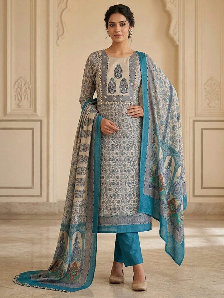 Blue Chanderi Embroidered Unstitched Dress Material