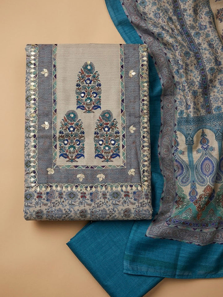Blue Chanderi Embroidered Unstitched Dress Material