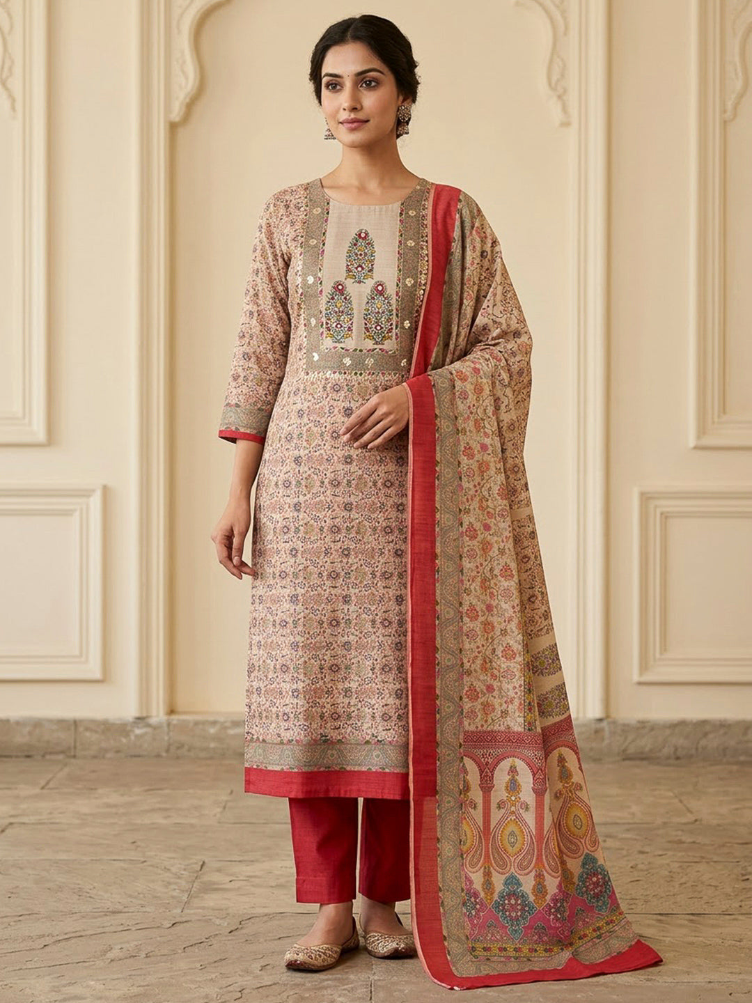 Red Chanderi Embroidered Unstitched Dress Material