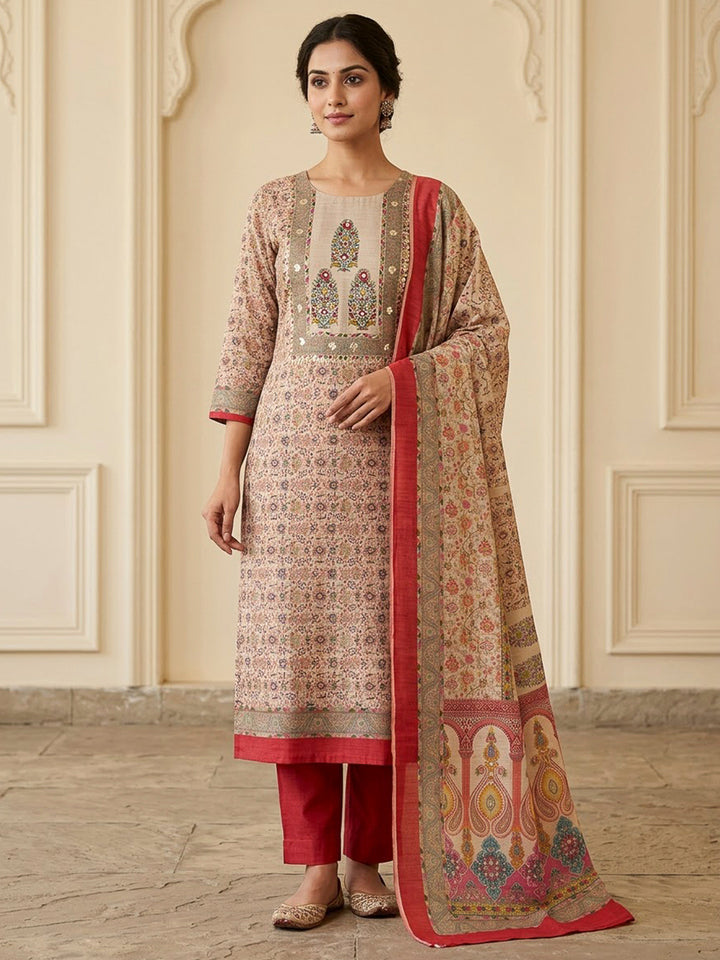 Red Chanderi Embroidered Unstitched Dress Material