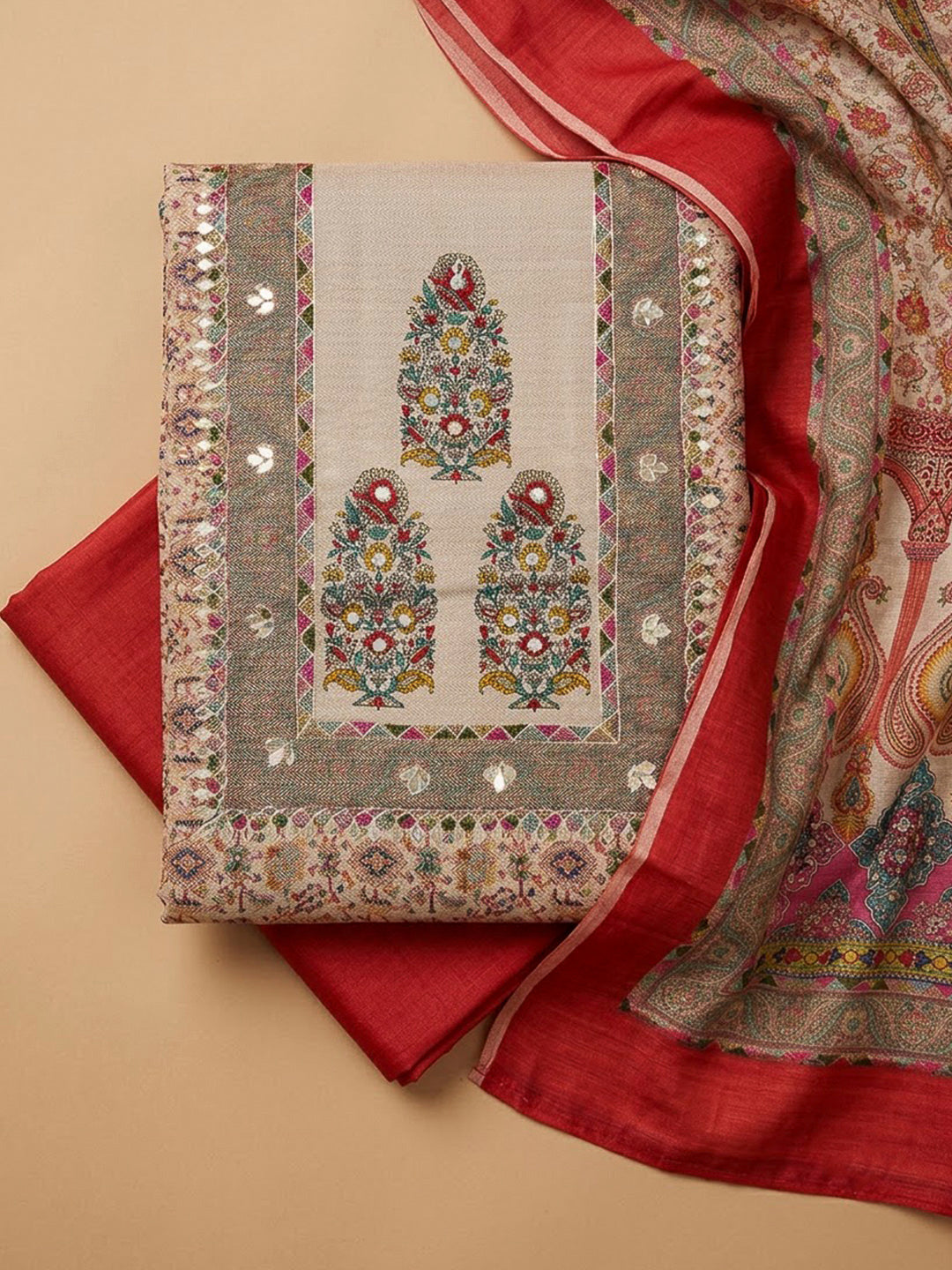 Red Chanderi Embroidered Unstitched Dress Material