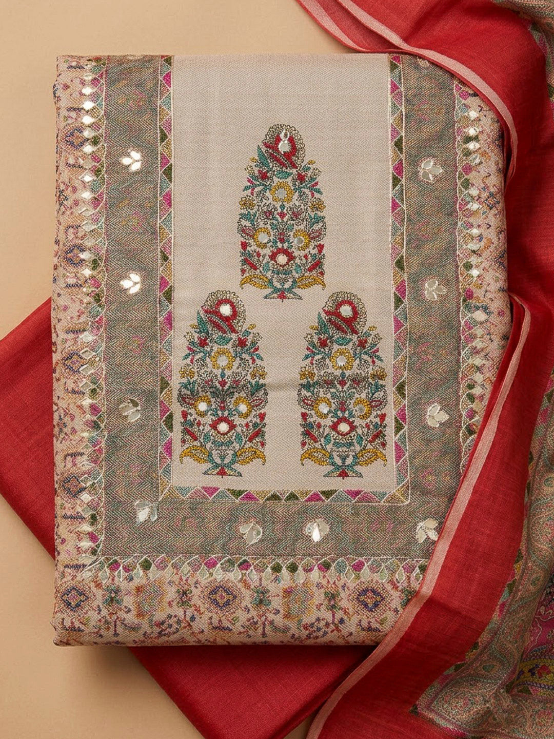 Red Chanderi Embroidered Unstitched Dress Material