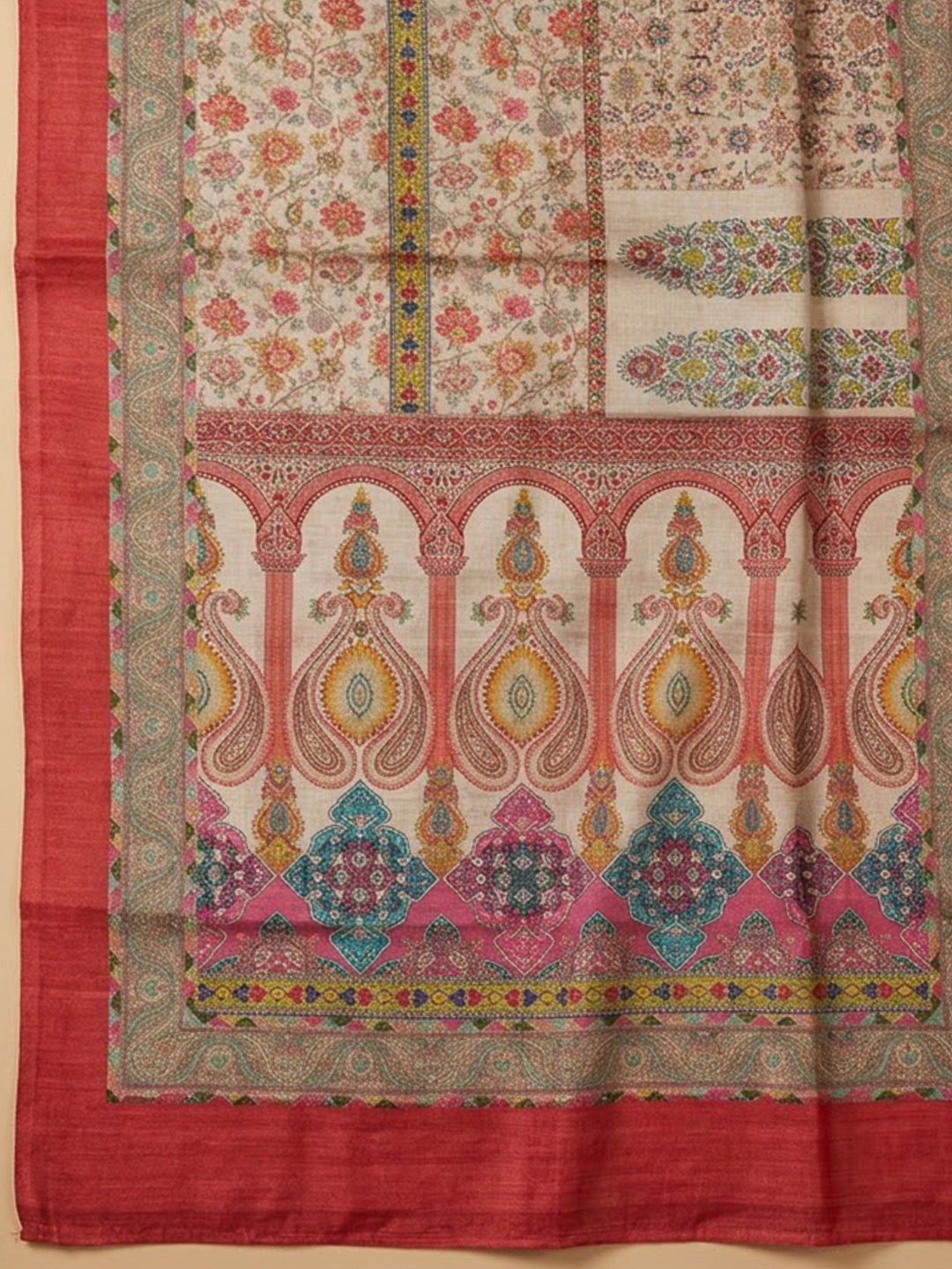 Red Chanderi Embroidered Unstitched Dress Material