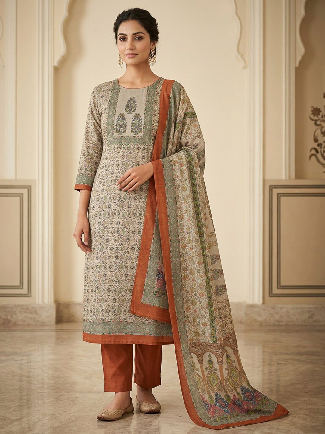 Rust Chanderi Embroidered Unstitched Dress Material