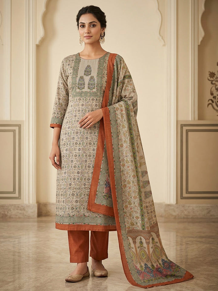 Rust Chanderi Embroidered Unstitched Dress Material