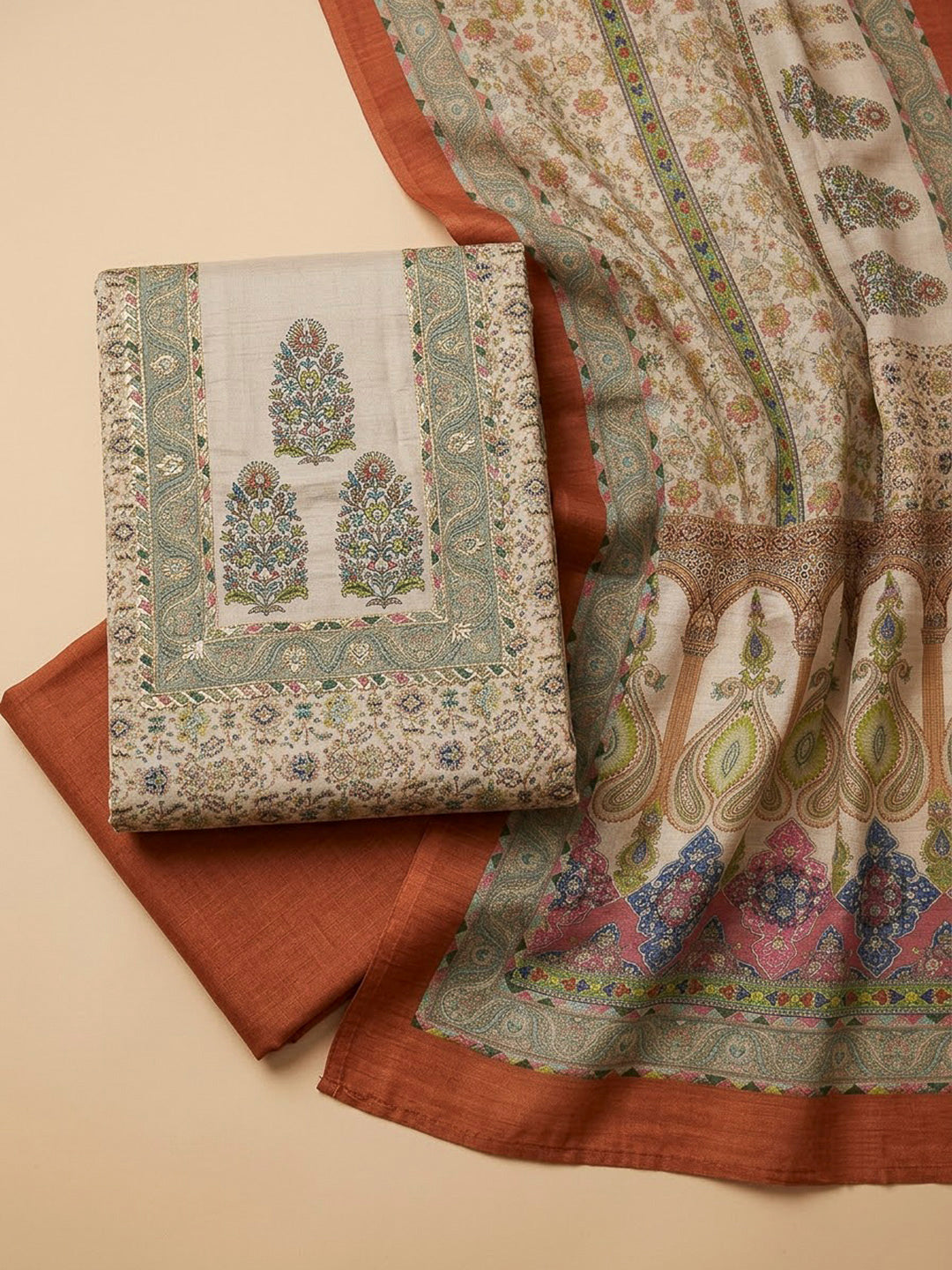 Rust Chanderi Embroidered Unstitched Dress Material
