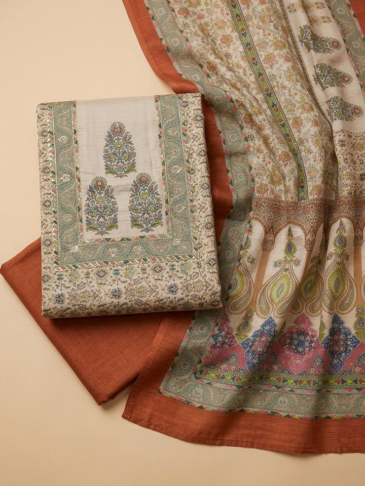 Rust Chanderi Embroidered Unstitched Dress Material