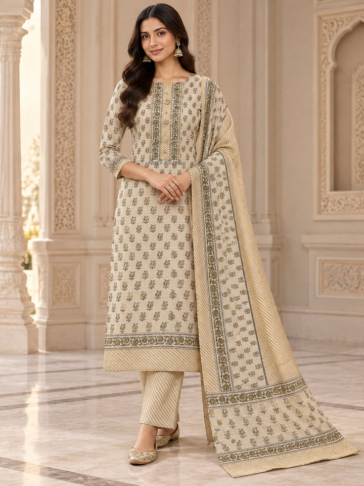 Beige Tussar Printed Unstitched Dress Material