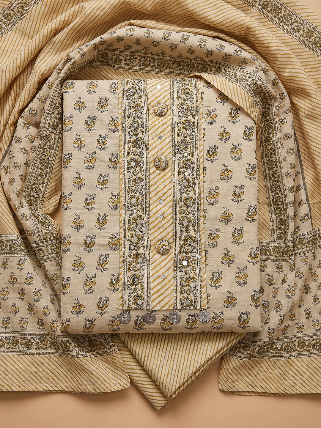 Beige Tussar Printed Unstitched Dress Material