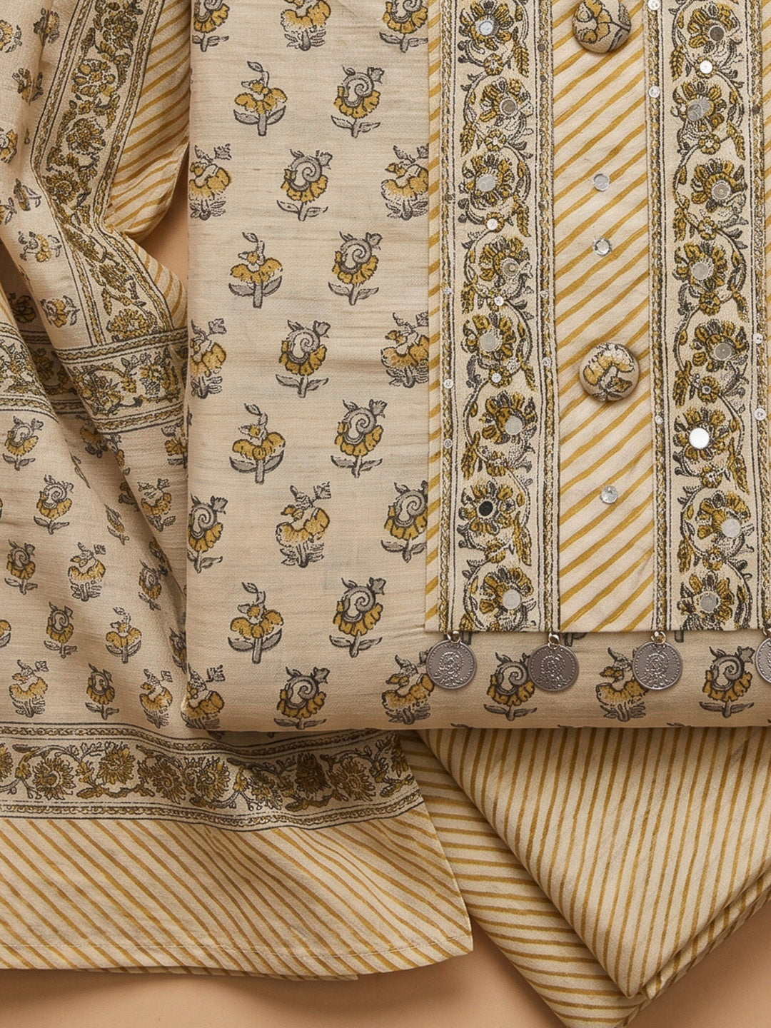 Beige Tussar Printed Unstitched Dress Material