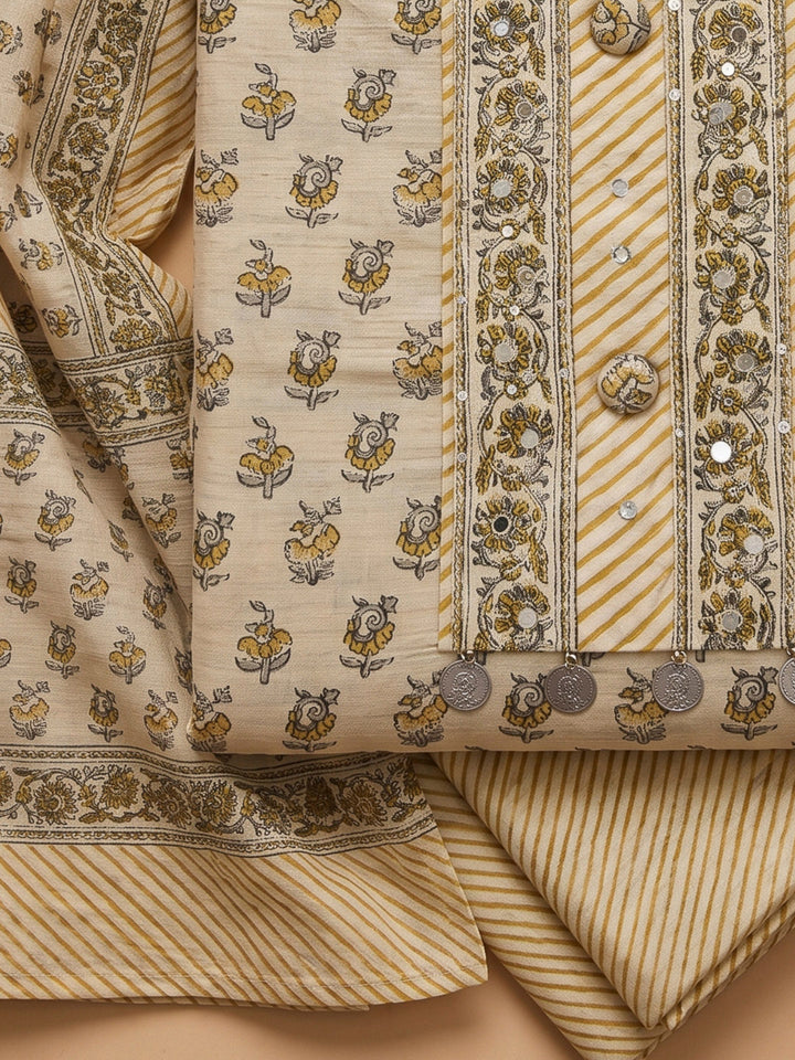 Beige Tussar Printed Unstitched Dress Material