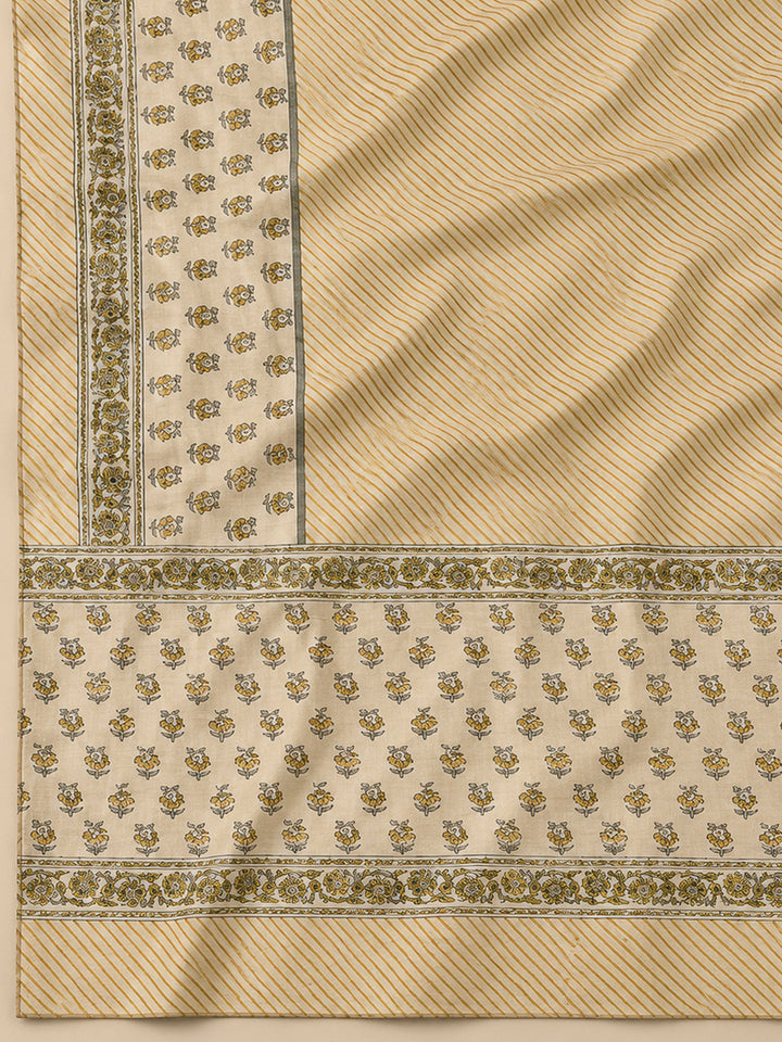 Beige Tussar Printed Unstitched Dress Material
