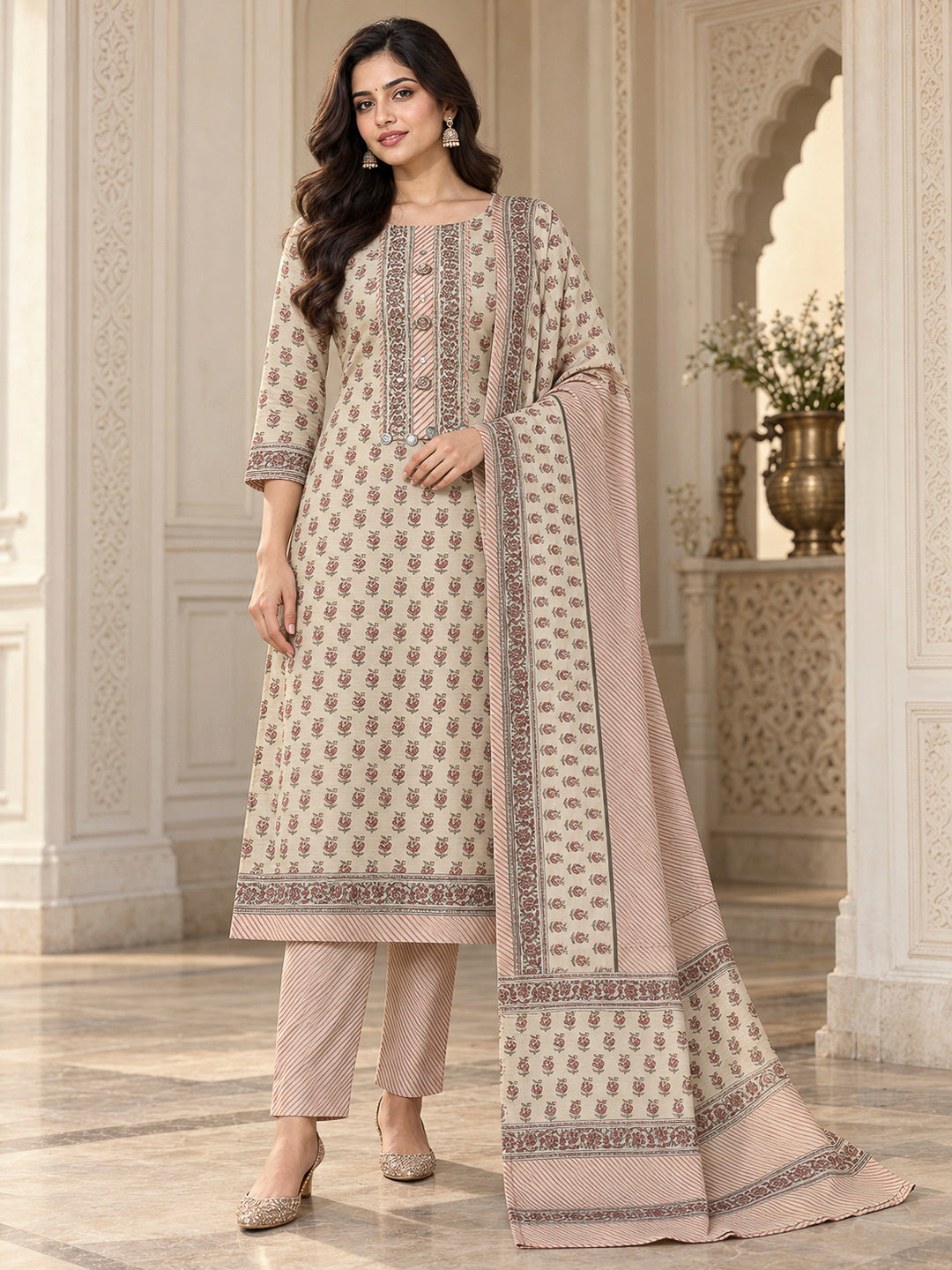 Rust Tussar Printed Unstitched Dress Material