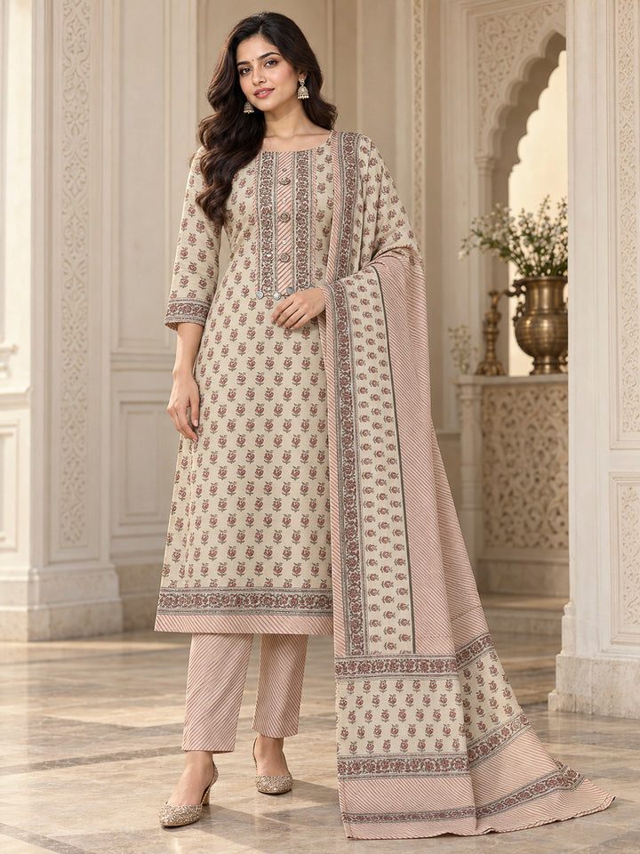 Rust Tussar Printed Unstitched Dress Material