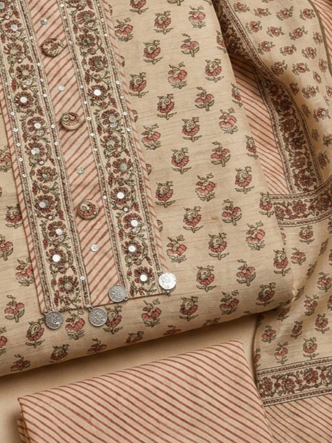 Rust Tussar Printed Unstitched Dress Material