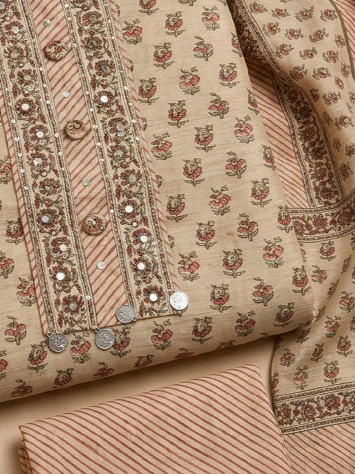 Rust Tussar Printed Unstitched Dress Material