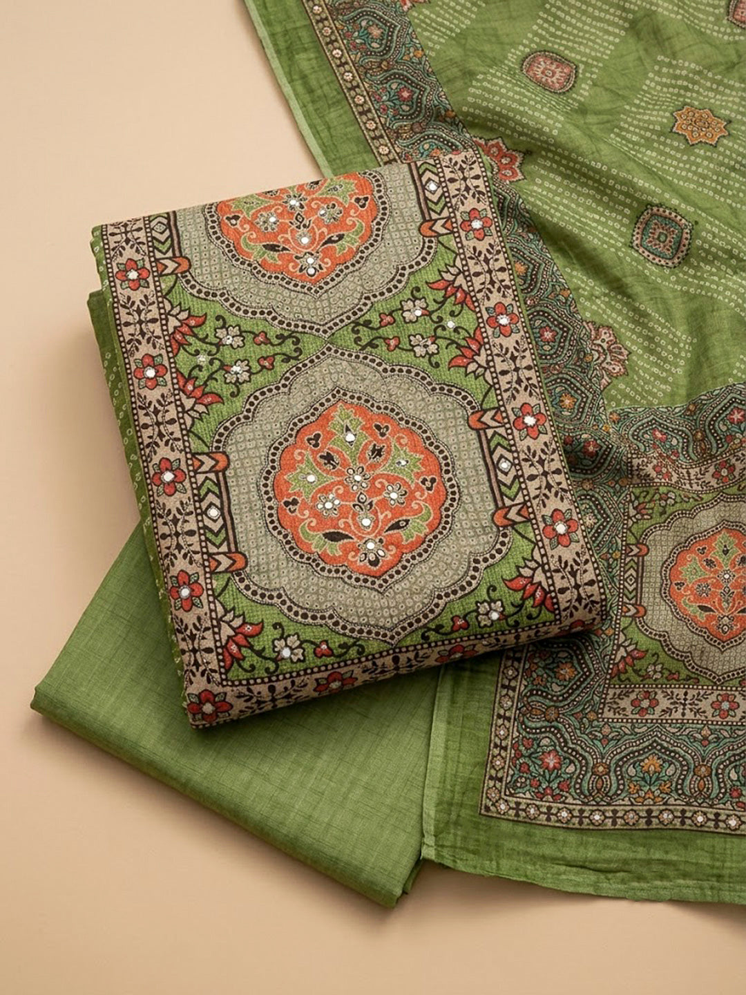 Mehndi Tissue Embroidered Unstitched Dress Material