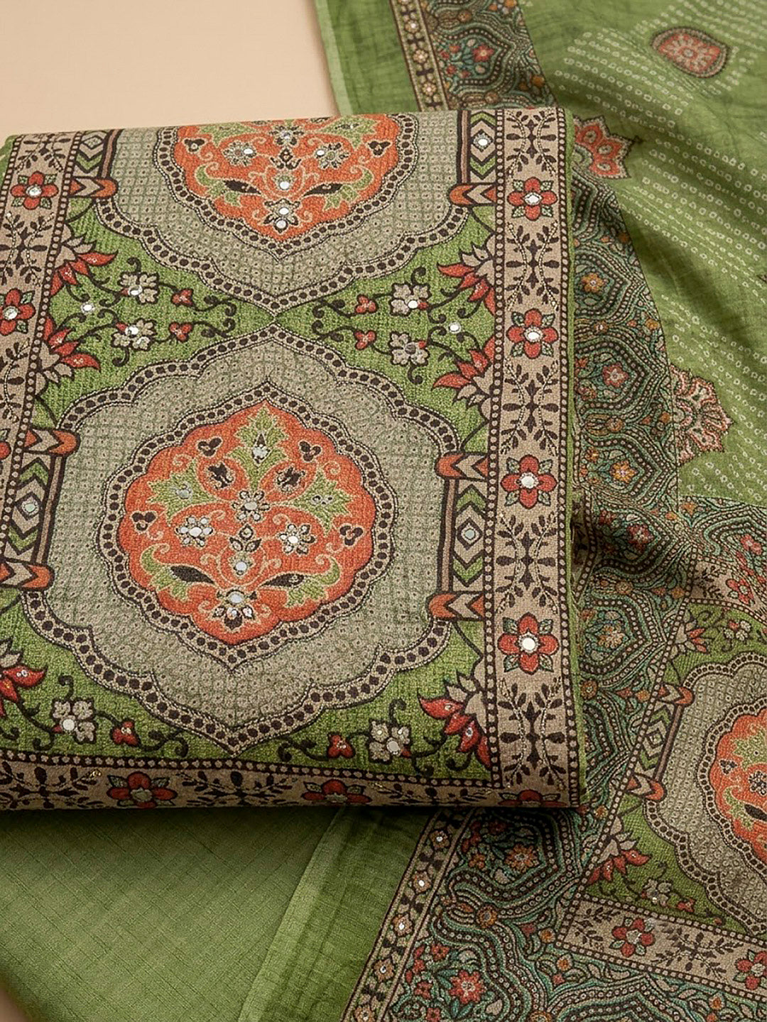 Mehndi Tissue Embroidered Unstitched Dress Material