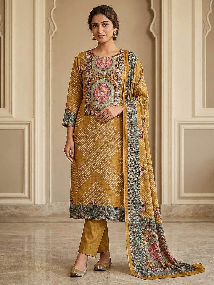 Mustard Tissue Embroidered Unstitched Dress Material