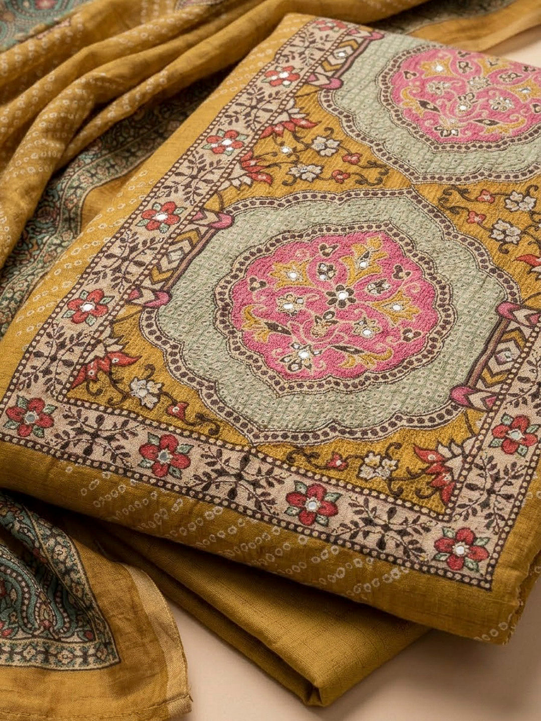 Mustard Tissue Embroidered Unstitched Dress Material