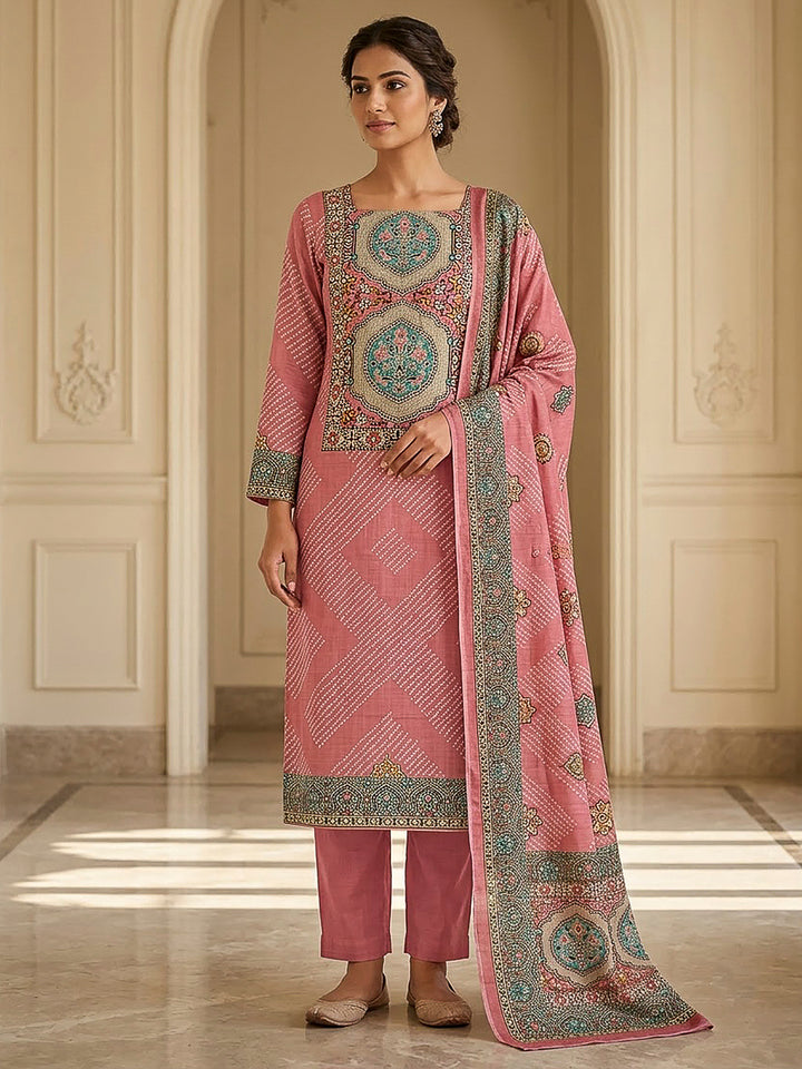 Onion Pink Tissue Embroidered Unstitched Dress Material