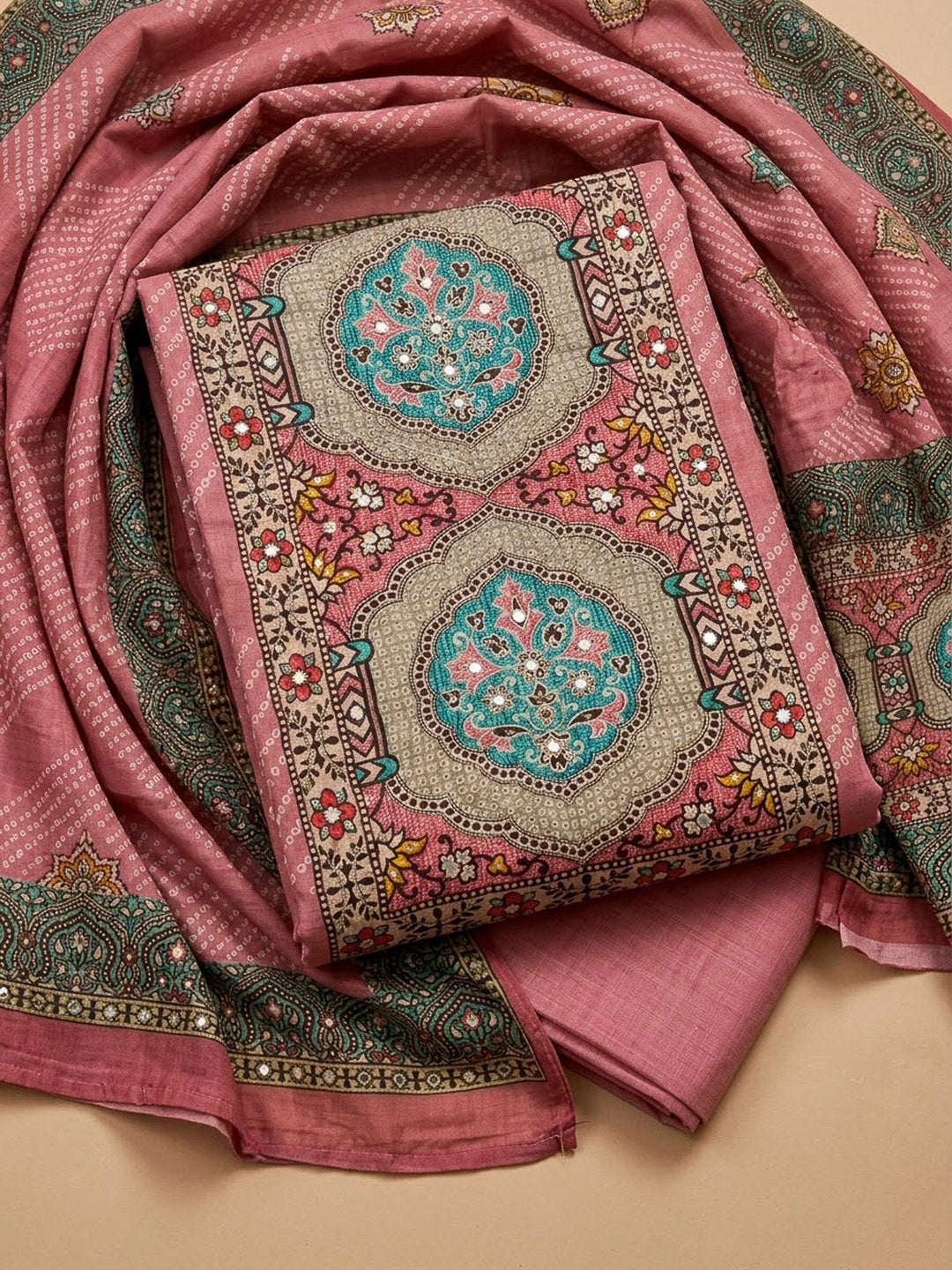 Onion Pink Tissue Embroidered Unstitched Dress Material